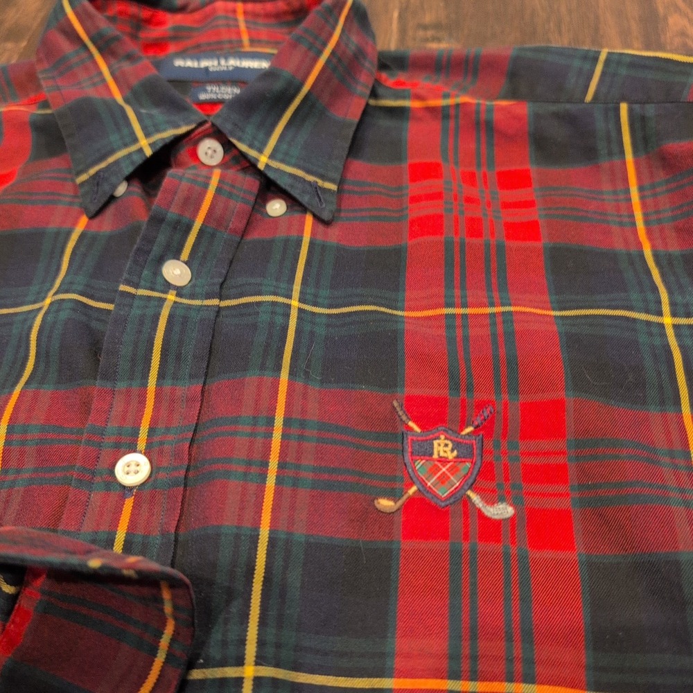 Vintage Polo Ralph Lauren Golf Tilden Plaid Long Sleeve Shirt Mens L Red Green - Picture 4 of 6
